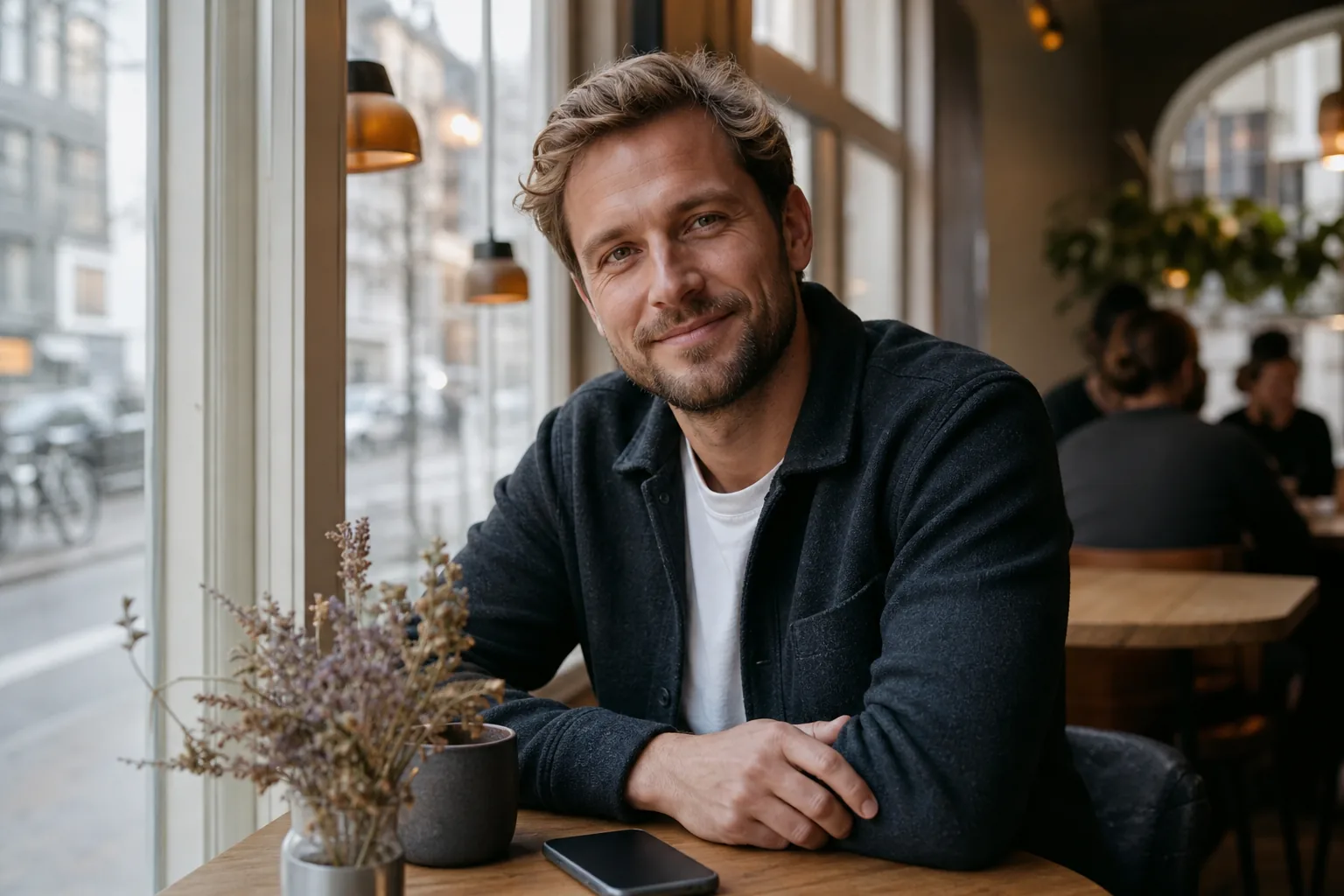 Mand på café med telefon og afslappet stemning før online dating