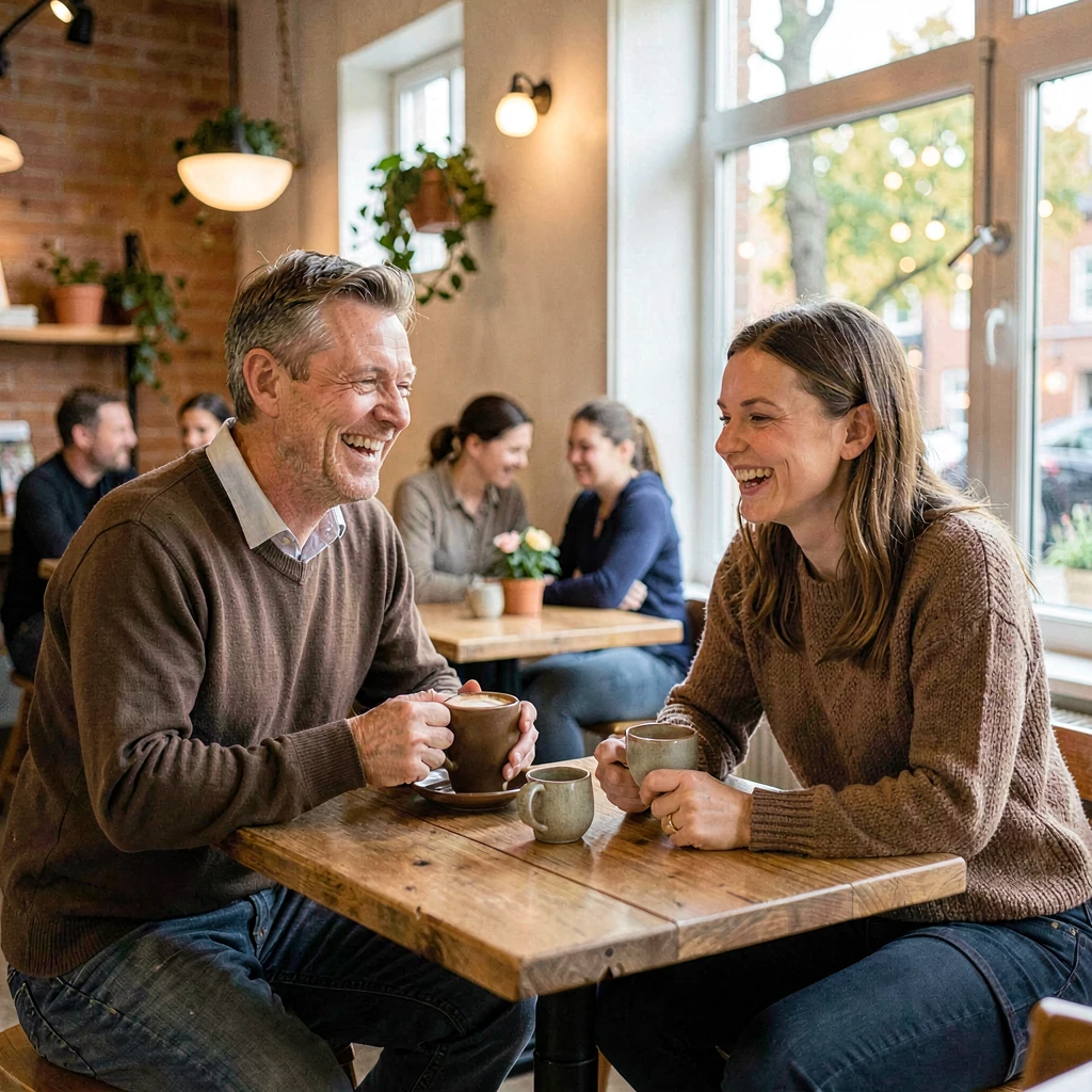 To voksne på en hyggelig kaffedate i nordisk caféstemning