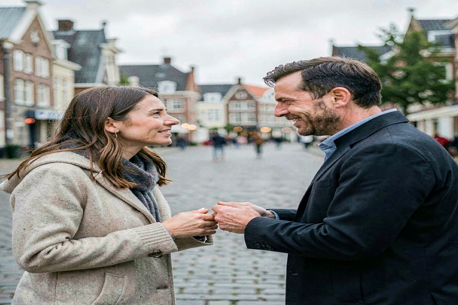 To voksne på afslappet kaffedate i en dansk by med moderne hverdagsstemning