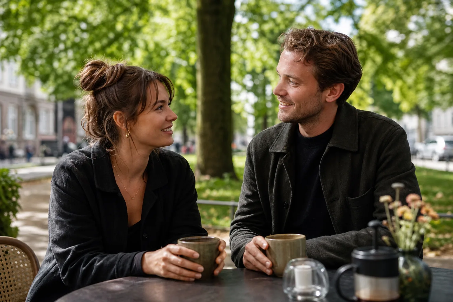 To voksne på kaffedate ved et grønt bymiljø på Frederiksberg