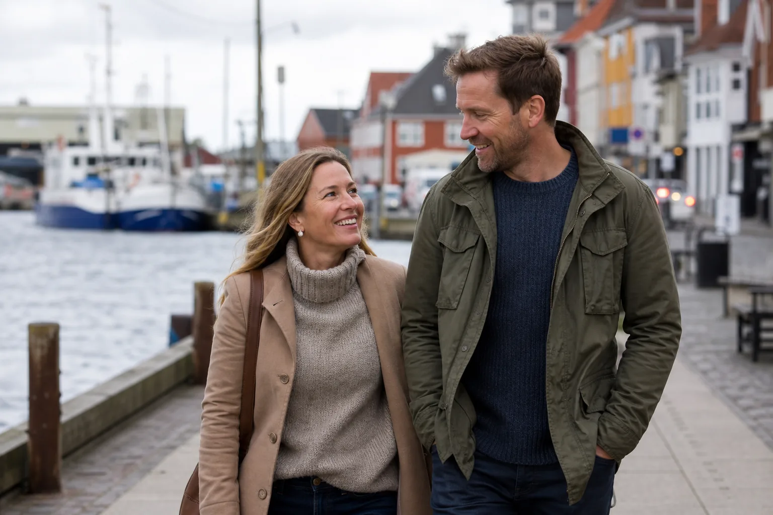 To voksne på afslappet første date ved havnepromenade i dansk kystby