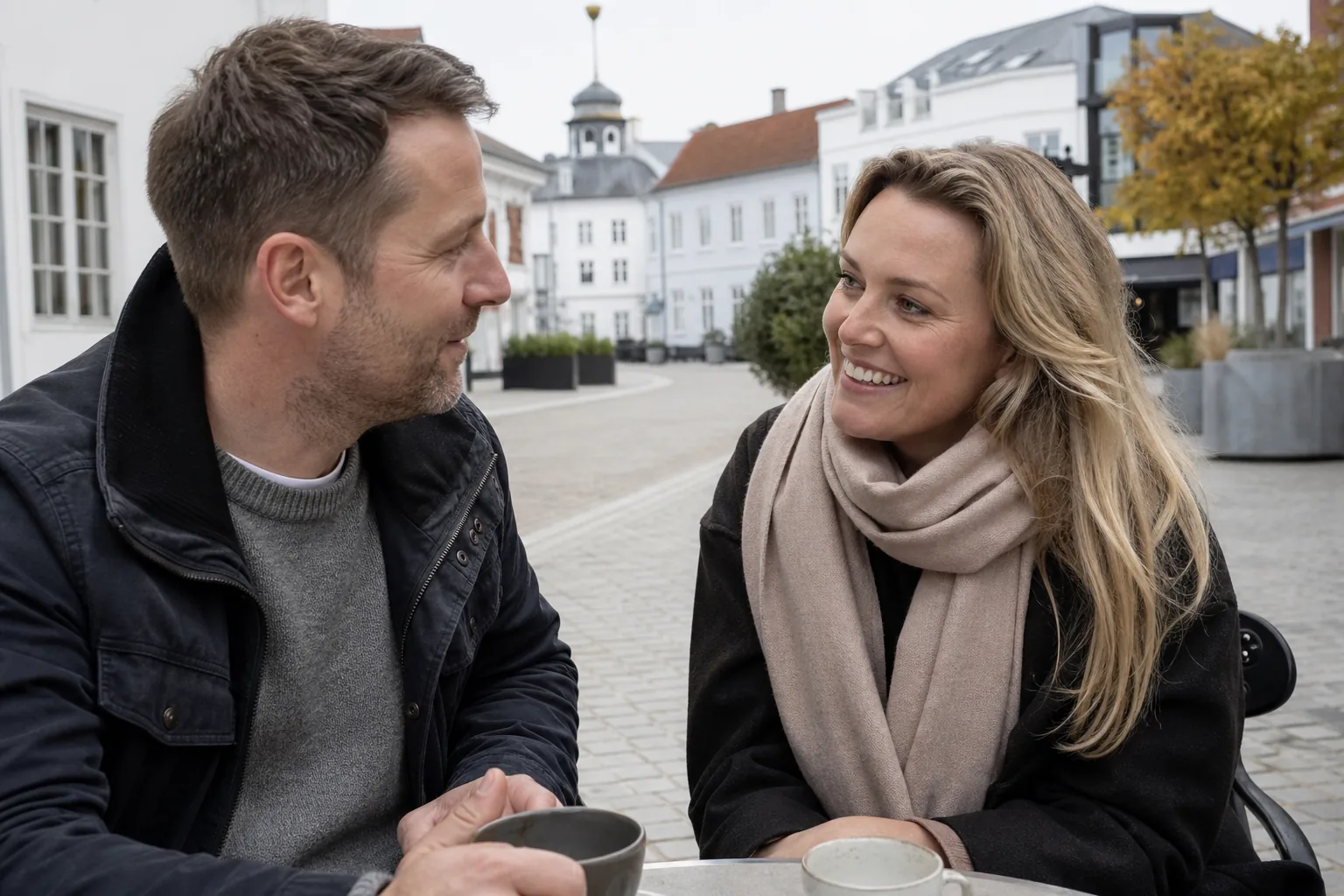To voksne på afslappet kaffedate i en dansk bymidte