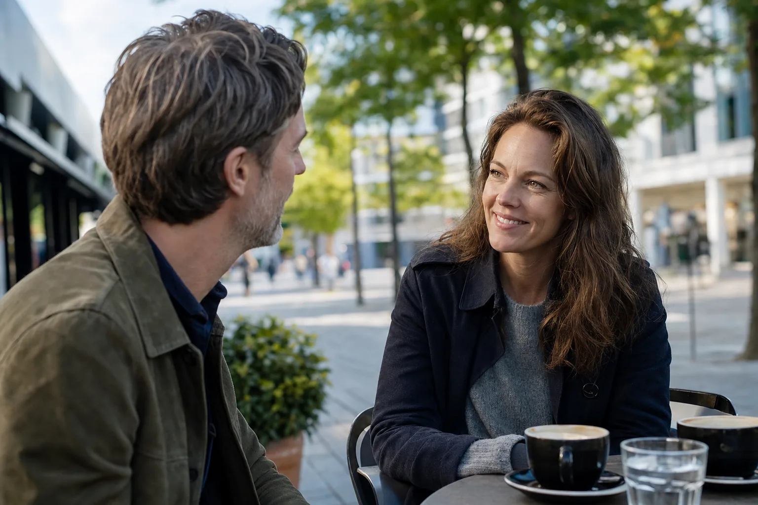To voksne på afslappet kaffedate i en dansk by med grøn hverdagsstemning