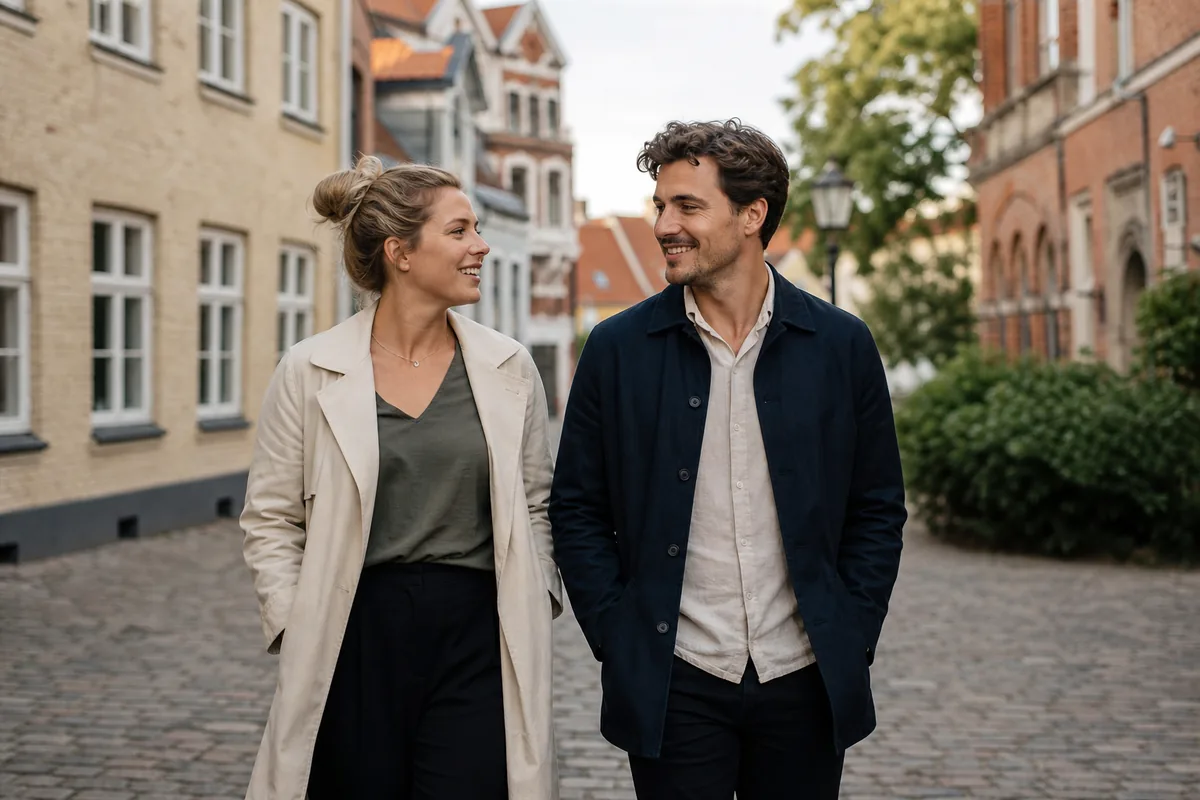 To singler på en afslappet gådate i en dansk bymidte