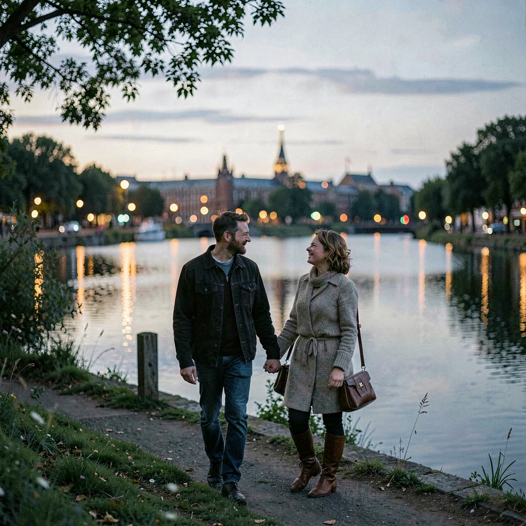 Par på gåtur ved Odense Å på en første date