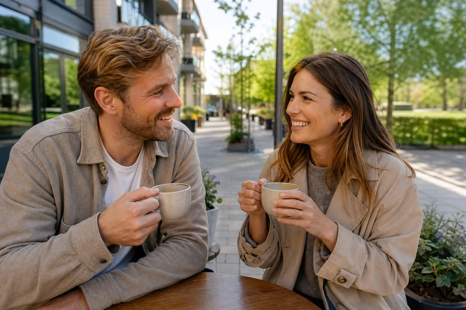 To voksne på kaffedate i et grønt bymiljø nær Rødovre