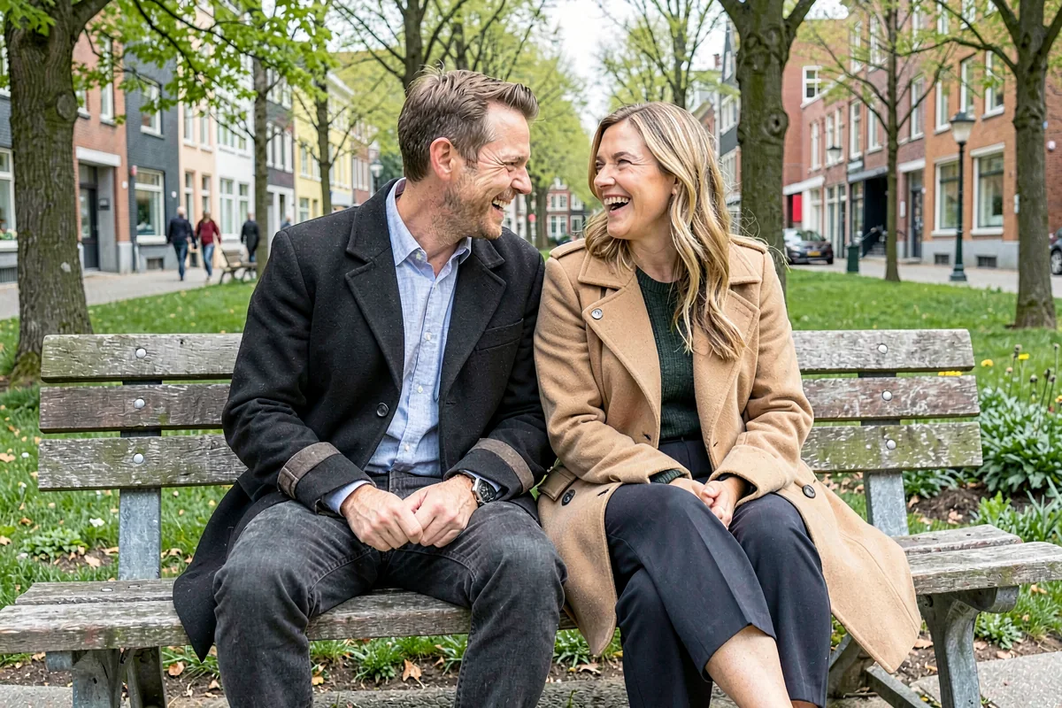 Intim men classy date på bænk ved vandet