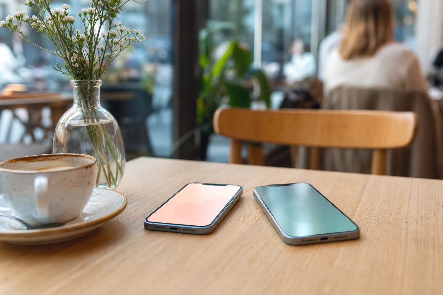To smartphones på cafébord som symbol på gratis dating apps