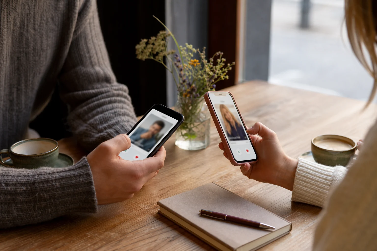 To personer bruger dating apps ved et cafébord