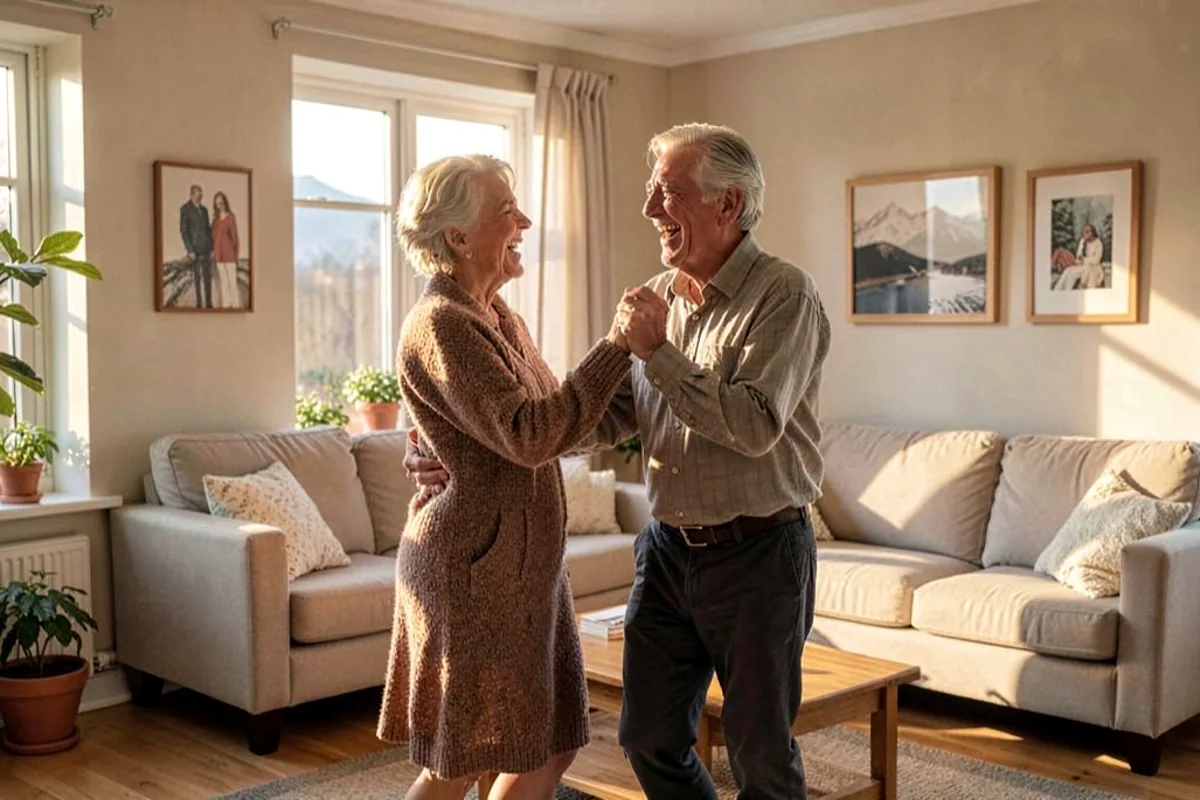 Seniorpar danser sammen i et lyst skandinavisk hjem