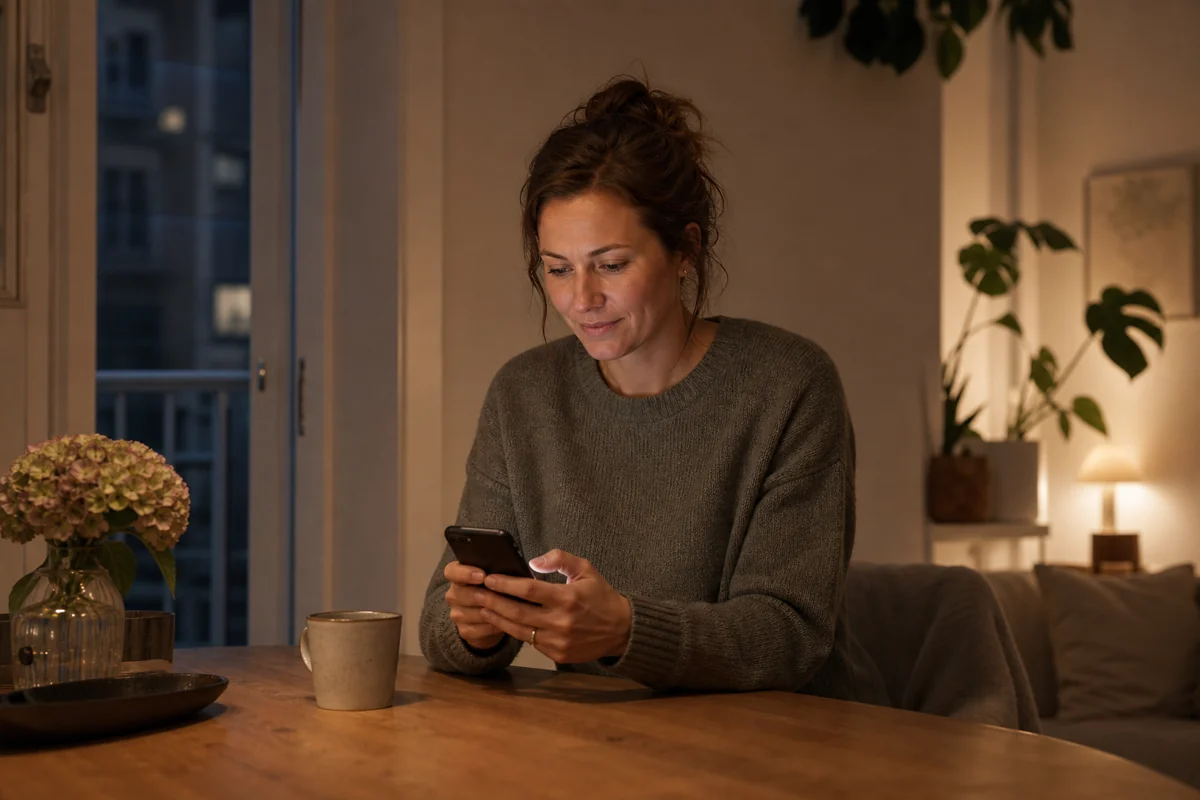 Voksen person bruger dating app på telefon i roligt hjemmemiljø